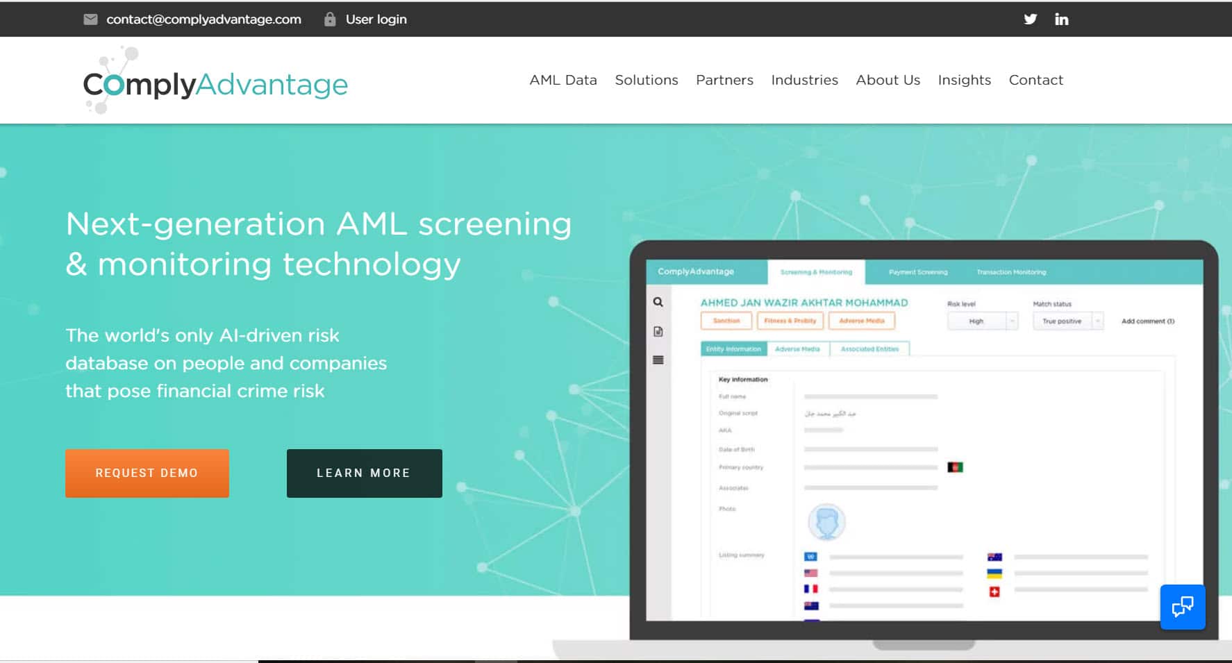 Een screenshot van de startpagina voor Comply Advantage, een AML-screening- en monitoringtechnologie die AI gebruikt om te bepalen of een gebruiker een financieel misdrijfrisico vormt.